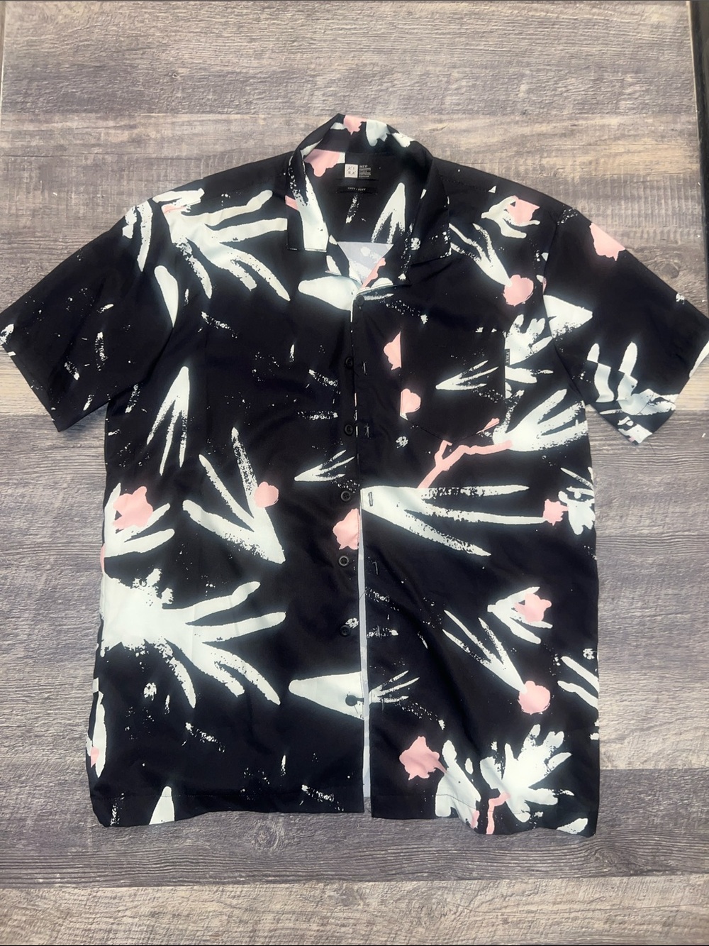 Lira Black Short-Sleeve Button-Down Shirt with White and Pink Floral Accents